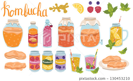 Kombucha collection with drinks in bottles, glasses and aluminum cans in flat style. 130453210