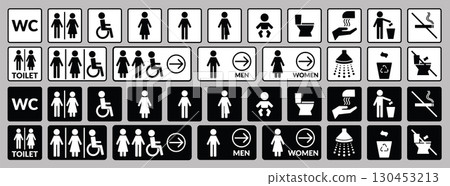 WC icons set with restroom, man, woman, handicapped, mother with baby, shower, trash, and no smoking symbols. 130453213