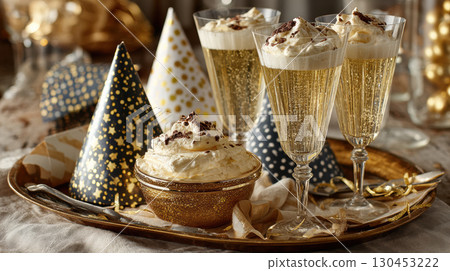 Festive celebration with champagne flutes and whipped cream dessert on tray, surrounded by party hats 130453222