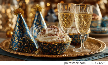 Festive celebration with champagne glasses, party hats, and dessert on decorative tray 130453223