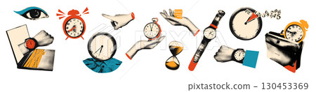 Time management business concept halftone art collage cut outs set. Various paper clipping shapes, stickers with vintage dotted texture and doodles. Modern retro grunge mixed media vector illustration 130453369