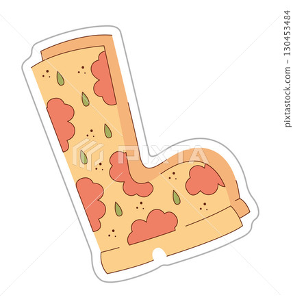 Sticker of rubber boots with a pattern of clouds and rain. Color hand drawn clipart illustration. 130453484