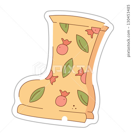 Sticker of rubber boots with a pattern of berries and leaves. Color hand drawn clipart illustration. Sticker of rubber boots with a pattern of berries and leaves. Color hand drawn clipart illustration. 130453485