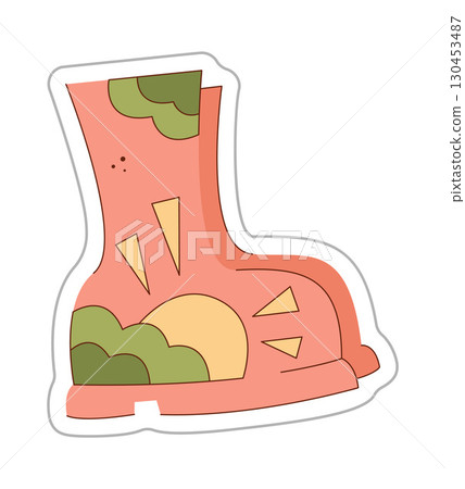 A sticker depicting rubber boots, sun and clouds. Color hand drawn clipart illustration. 130453487