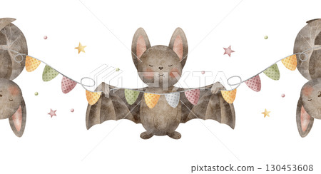 Border bat holds party garland of flags. Watercolor illustration halloween mouse hand drawn in childish style. Seamless banner isolated from background for design of cards, invitations, nursery decor Border bat holds party garland of flags. Watercolor illustration halloween mouse hand drawn in childish style. Seamless banner isolated from background for design of cards, invitations, nursery decor 130453608