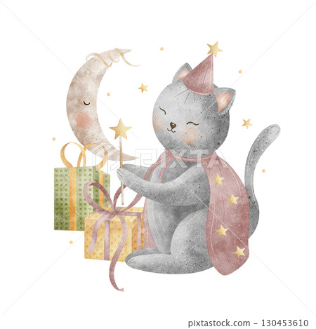 Sorceress cat in stars, moon, gift boxes. Watercolor illustration of animal hand drawn in children's style, isolated from background for design of cards, poster, party invitation, birthday, halloween Sorceress cat in stars, moon, gift boxes. Watercolor illustration of animal hand drawn in children's style, isolated from background for design of cards, poster, party invitation, birthday, halloween 130453610
