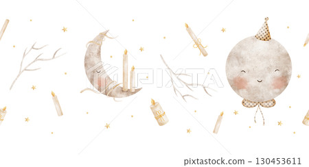 Seamless border moon in party hat, crescent with candles. Watercolor illustration hand drawn in childish halloween style, banner isolated on background for design of cards, invitations, nursery decor Seamless border moon in party hat, crescent with candles. Watercolor illustration hand drawn in childish halloween style, banner isolated on background for design of cards, invitations, nursery decor 130453611