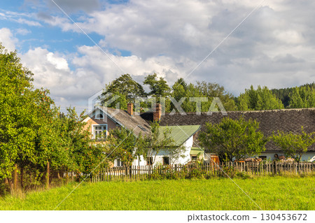 Landscape of Adrspach-Teplice Rocks area, in Hradec Kralove Region in the Czech Republic, Europe. Charming country house surrounded by lush greenery, evoking a sense of tranquility and rural living. 130453672