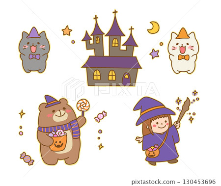 Cute Halloween character and castle illustration set / witch, bear, cat 130453696