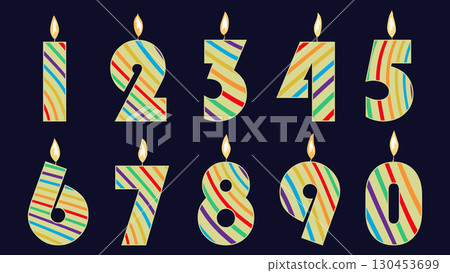 A set of birthday number candles. Colorful lit birthday number candles burning A set of birthday number candles. Colorful lit birthday number candles burning 130453699