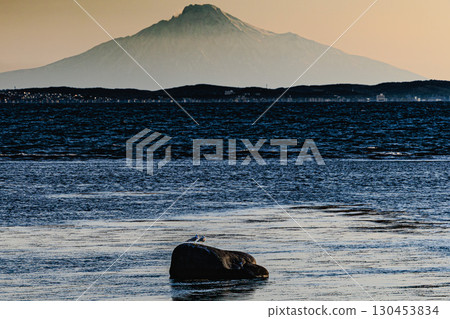 Twilight seascape overlooking Rishiri Island Twilight seascape overlooking Rishiri Island 130453834