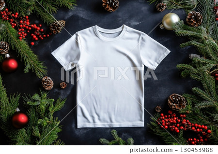 Minimalist Christmas background with blank white t shirt surrounded by Christmas tree branches, red berries and pine cones 130453988