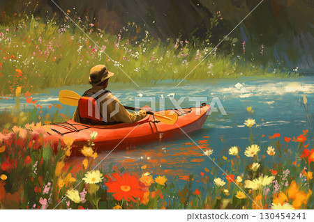 Man is kayaking down a peaceful river, surrounded by vibrant wildflowers on a sunny day 130454241