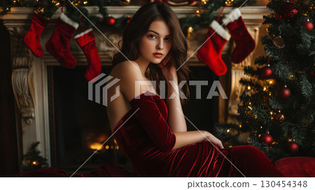 Beautiful young woman is posing in a red velvet dress by the fireplace and Christmas tree 130454348