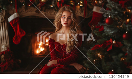 Beautiful woman is posing in a red velvet dress, sitting near a fireplace and a Christmas tree 130454349
