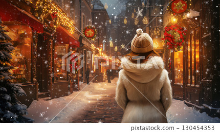 Woman is taking in the magic of Christmas while walking down a city street at night, with snow falling and Christmas lights glowing 130454353