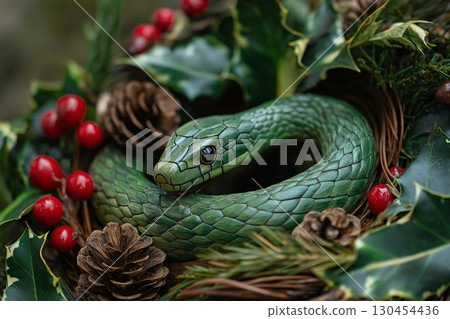 Green mamba snake resting in a Christmas wreath with pine cones and red berries 130454436