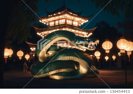 Giant green snake sculpture is wrapping around an illuminated pagoda with a tourist walking by at night Giant green snake sculpture is wrapping around an illuminated pagoda with a tourist walking by at night 130454453