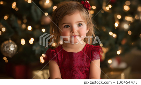 Little girl wearing a red dress is posing in front of a decorated Christmas tree Little girl wearing a red dress is posing in front of a decorated Christmas tree 130454473