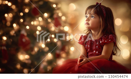 Little girl wearing a red dress is sitting next to a Christmas tree looking up with hope in her eyes Little girl wearing a red dress is sitting next to a Christmas tree looking up with hope in her eyes 130454474