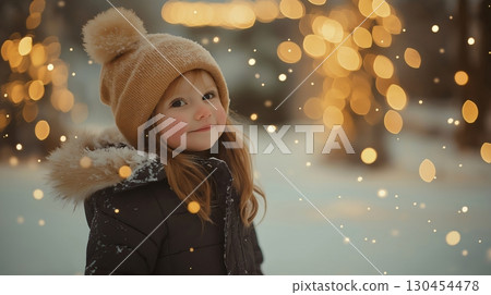 Little girl is having fun while it's snowing on a beautiful winter day with Christmas lights in the background Little girl is having fun while it's snowing on a beautiful winter day with Christmas lights in the background 130454478