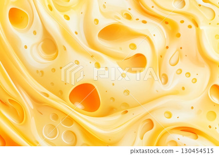 Abstract yellow background resembling melted cheese with holes and bubbles, forming a flowing pattern 130454515