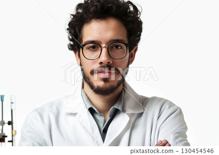 Scientist is posing with his arms crossed in a laboratory setting, conveying intelligence and expertise 130454546