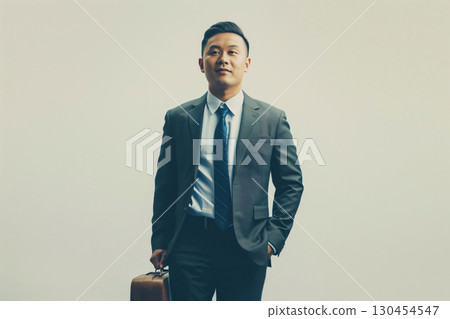 Young businessman in a suit is holding a briefcase and standing with confidence Young businessman in a suit is holding a briefcase and standing with confidence 130454547