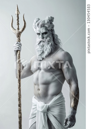Muscular man with grey painted skin is posing in a studio setting, holding a golden trident, depicting the Greek god Poseidon Muscular man with grey painted skin is posing in a studio setting, holding a golden trident, depicting the Greek god Poseidon 130454583