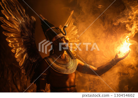 Powerful man dressed as Ra, the ancient Egyptian sun god, holding a ball of fire in his hand, surrounded by smoke 130454602