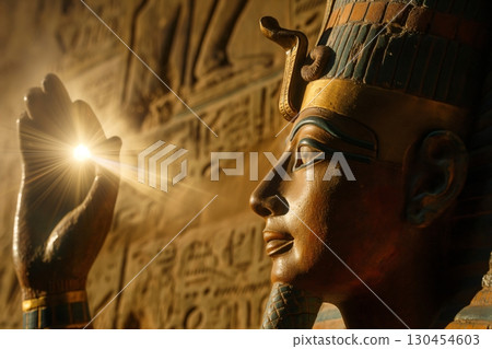 Ancient Egyptian pharaoh statue holding a shining sun in his hand, with ancient hieroglyphics on the wall behind him Ancient Egyptian pharaoh statue holding a shining sun in his hand, with ancient hieroglyphics on the wall behind him 130454603