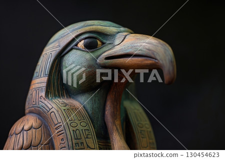 Painted statuette of Thoth, the ancient Egyptian god of wisdom and writing, is posing in profile against a black background 130454623