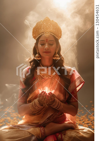 Indian woman wearing a sari and gold jewellery is holding a burning candle in her hands with her eyes closed 130454631