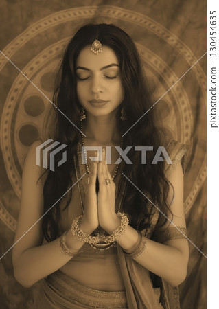 Beautiful indian woman with long dark hair, wearing a bindi and traditional gold jewelry, is holding her hands in prayer 130454635