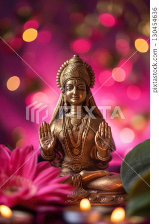 Golden statue of goddess sita with her hands raised in blessing, surrounded by pink flowers and candles, with a pink bokeh background 130454636