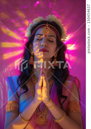 Young indian woman wearing traditional clothing and gold jewelry is posing with her hands together and her eyes closed 130454637
