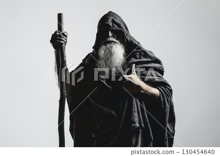 Actor with a long white beard and black makeup is posing in a black robe holding a wooden staff Actor with a long white beard and black makeup is posing in a black robe holding a wooden staff 130454640