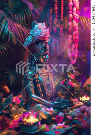 Bronze statue of hathor the egyptian goddess of love, music, and beauty, surrounded by colorful flowers and candles Bronze statue of hathor the egyptian goddess of love, music, and beauty, surrounded by colorful flowers and candles 130454645