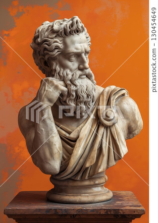 White marble bust of a thoughtful bearded man with his hand on his chin, against an orange background 130454649