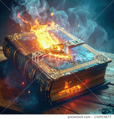Enchanted glowing spellbook with golden clasp burning with fire and smoke in surreal Halloween night Enchanted glowing spellbook with golden clasp burning with fire and smoke in surreal Halloween night 130454677