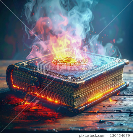 Haunted magical book covered in glowing smoke and fire with mysterious cursed Halloween ritual atmosphere Haunted magical book covered in glowing smoke and fire with mysterious cursed Halloween ritual atmosphere 130454679