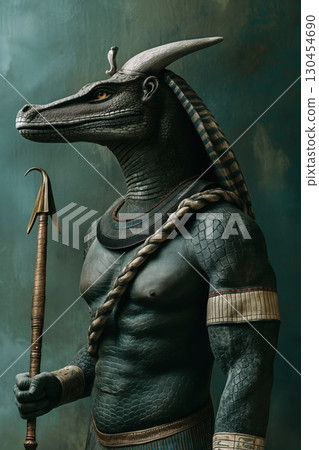Sobek, the ancient egyptian god, is posing with a spear and a crown, showcasing his power and divinity Sobek, the ancient egyptian god, is posing with a spear and a crown, showcasing his power and divinity 130454690