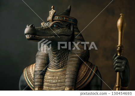 Sobek, the ancient egyptian crocodile god of the nile river, is depicted in a statue holding a golden staff Sobek, the ancient egyptian crocodile god of the nile river, is depicted in a statue holding a golden staff 130454693