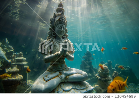 Ancient statue of hindu god varuna submerged underwater with sunrays illuminating the turquoise ocean water 130454699