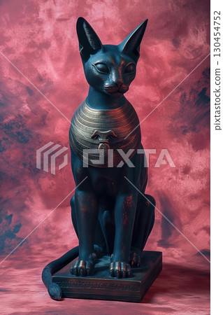 Ancient Egyptian cat goddess Bastet statue sits elegantly on a vibrant red background, exuding history and culture 130454752