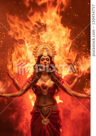 Indian woman wearing a red sari and gold jewelry posing as the Hindu goddess Durga with a fire background 130454757