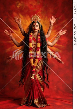Indian woman wearing a red sari and gold accessories posing as the Hindu goddess Durga, standing in front of a red background 130454758