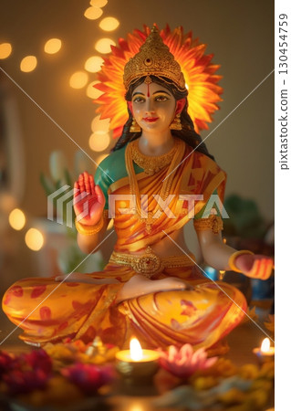 Goddess Lakshmi idol sitting in a lotus position surrounded by Diya oil lamps and flowers for Diwali religious ceremony 130454759