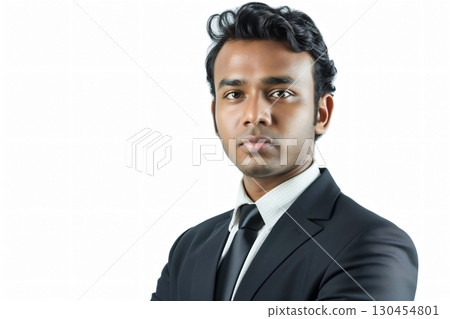 Confident young businessman in sharp suit and tie, standing with arms crossed in clean office setting, exuding success and ambition Confident young businessman in sharp suit and tie, standing with arms crossed in clean office setting, exuding success and ambition 130454801