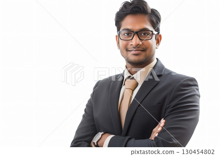 Young businessman is smiling at the camera with his arms crossed in a white studio Young businessman is smiling at the camera with his arms crossed in a white studio 130454802